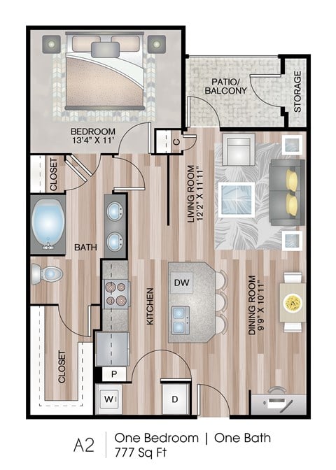 Floor plan for 1 bed, 1 bath, 777 sqft